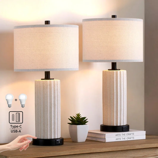 23" Ceramics Dimmable Table Lamp Set with Touch Control, USB Ports and Bulbs