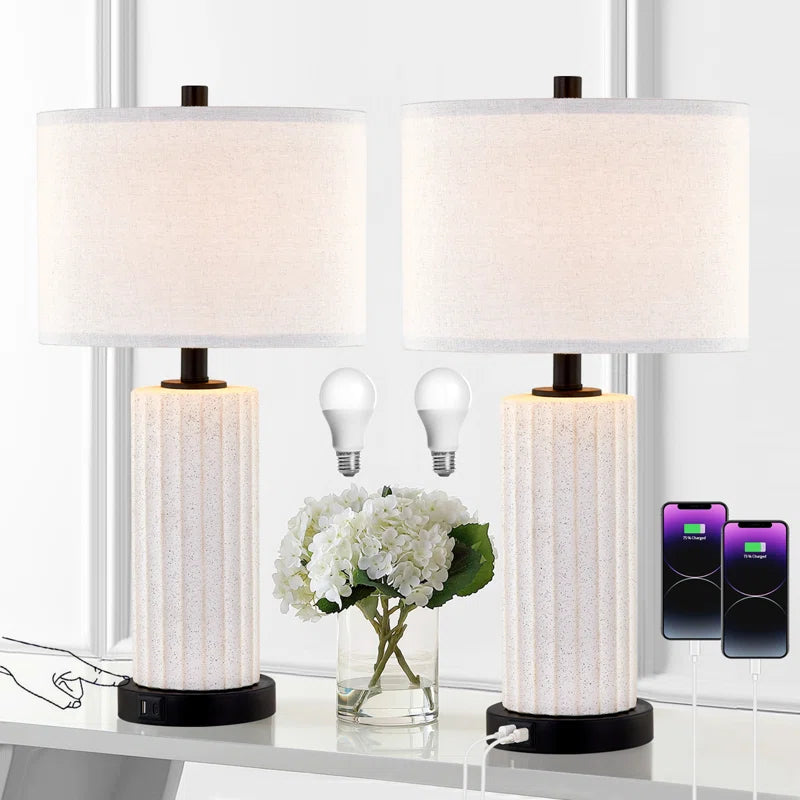 23" Ceramics Dimmable Table Lamp Set with Touch Control, USB Ports and Bulbs